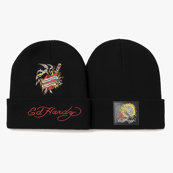 Ed Hardy Skull & Heart Beanie Set 2-Pack Knit Black Embroidered Logo Hat NWT - Picture 1 of 5